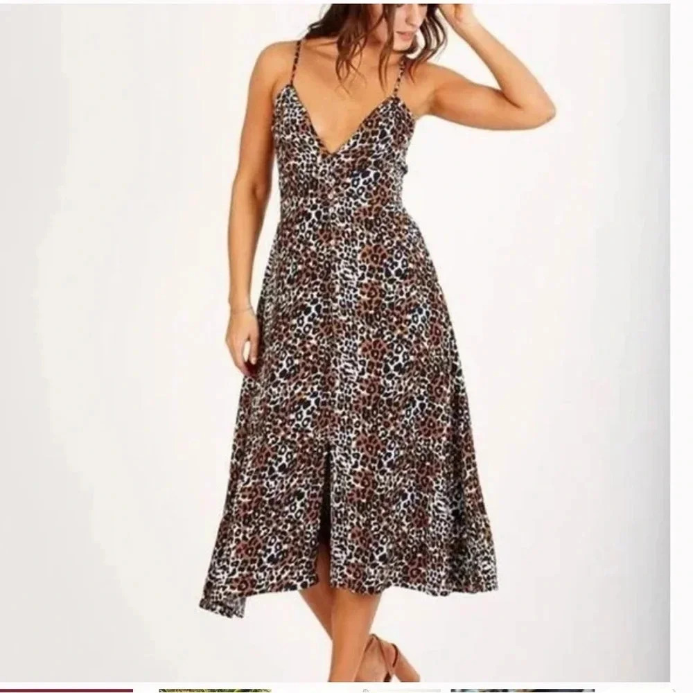 . Cleobella Leopard Print Midi Maxi Dress XSmall Cheetah Brown Button Front